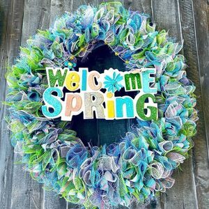 Welcome Spring Easter Mesh Ribbon Pastel Decor Wreath